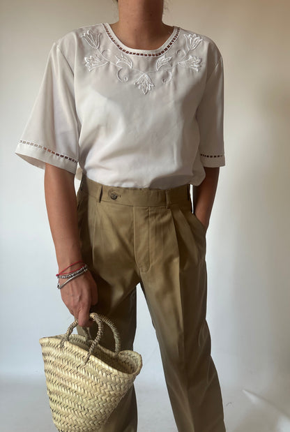 Embroidered white silky shirt