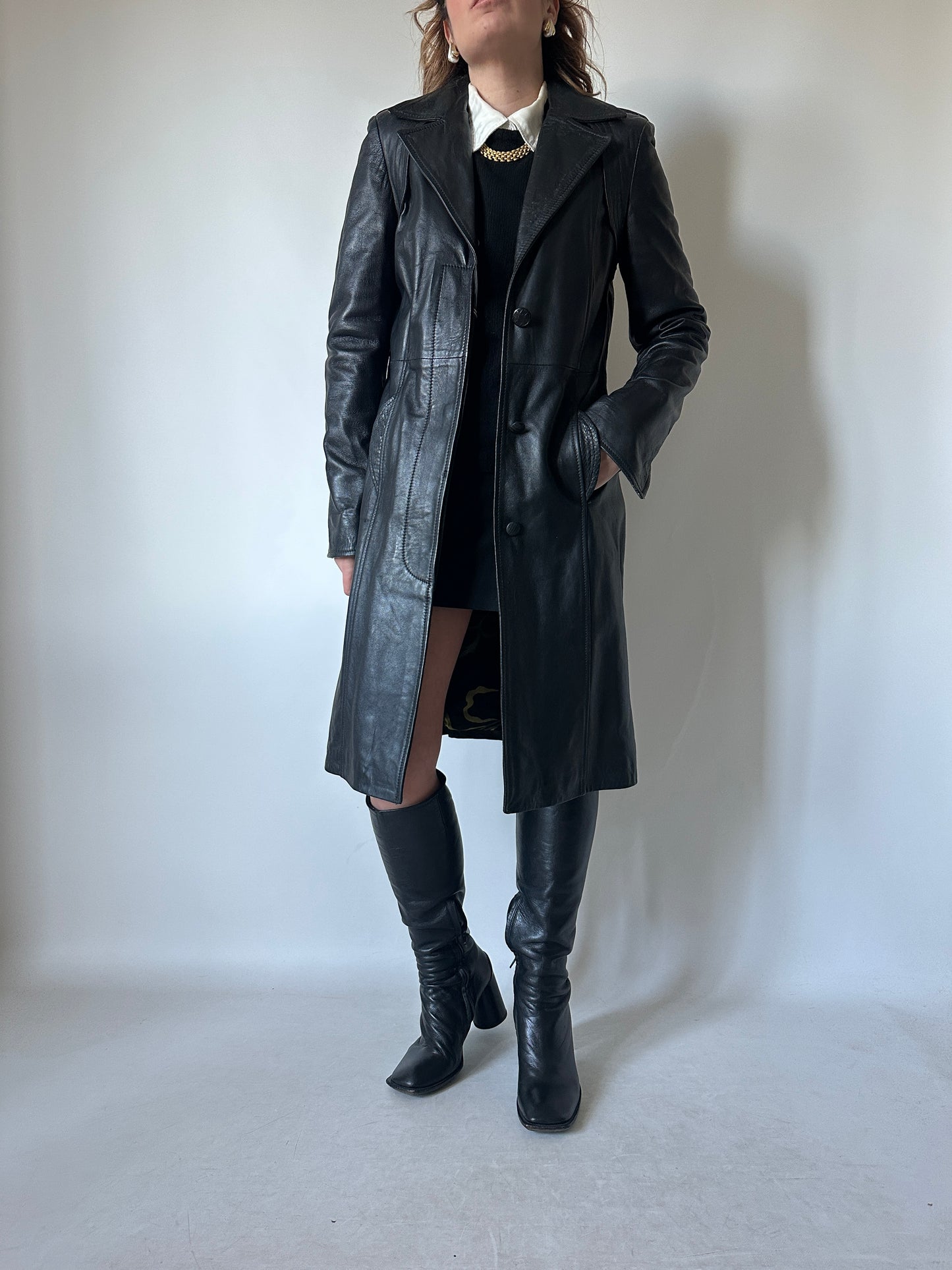 Black slim leather trench - new deadstock
