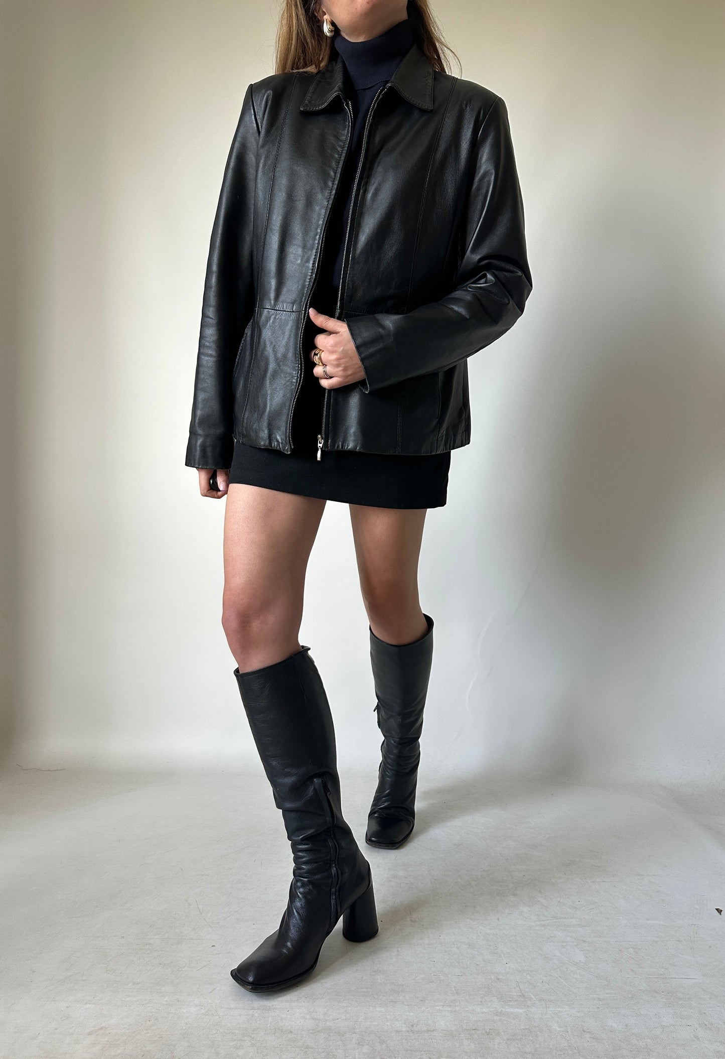 Minimal black leather jacket