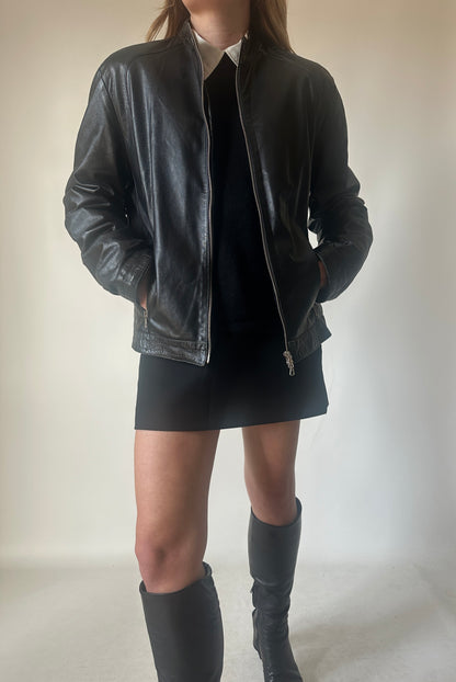 Black leather petite bomber