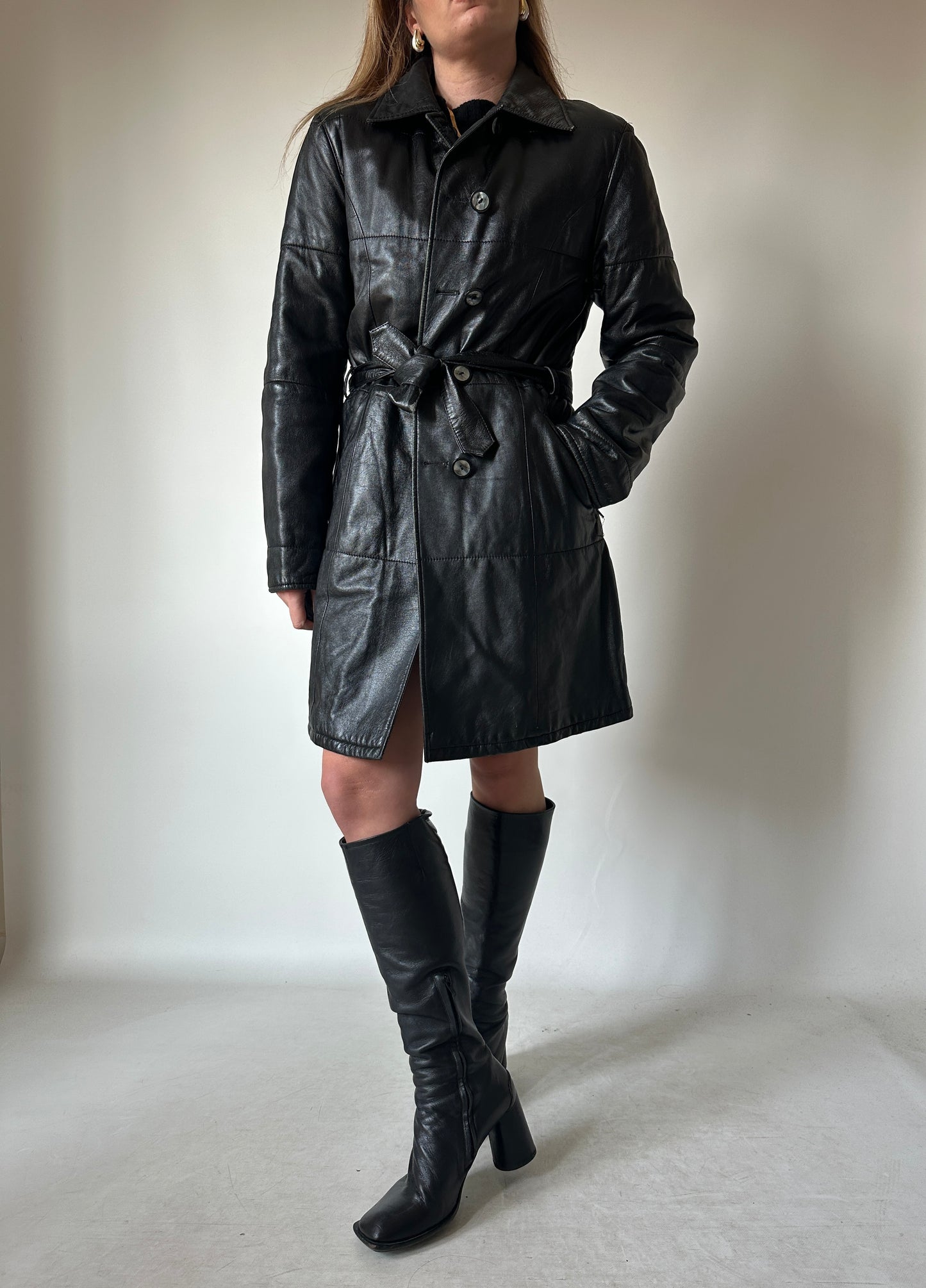 Black leather trench with belt