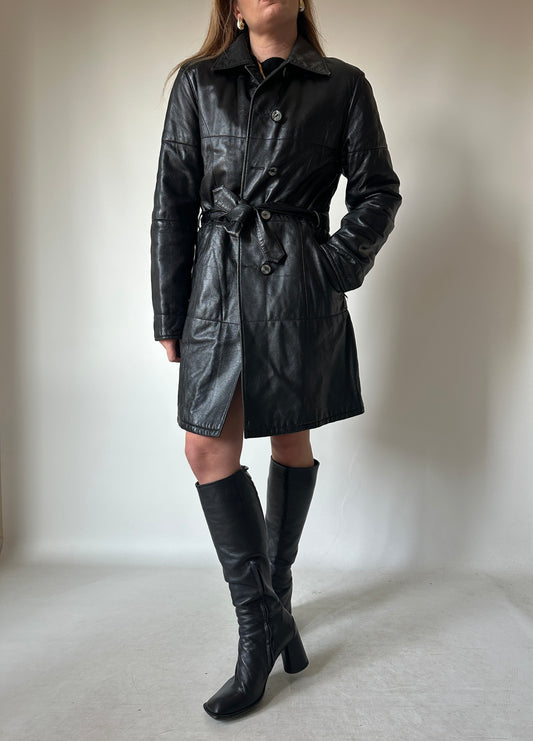 Black leather trench with belt