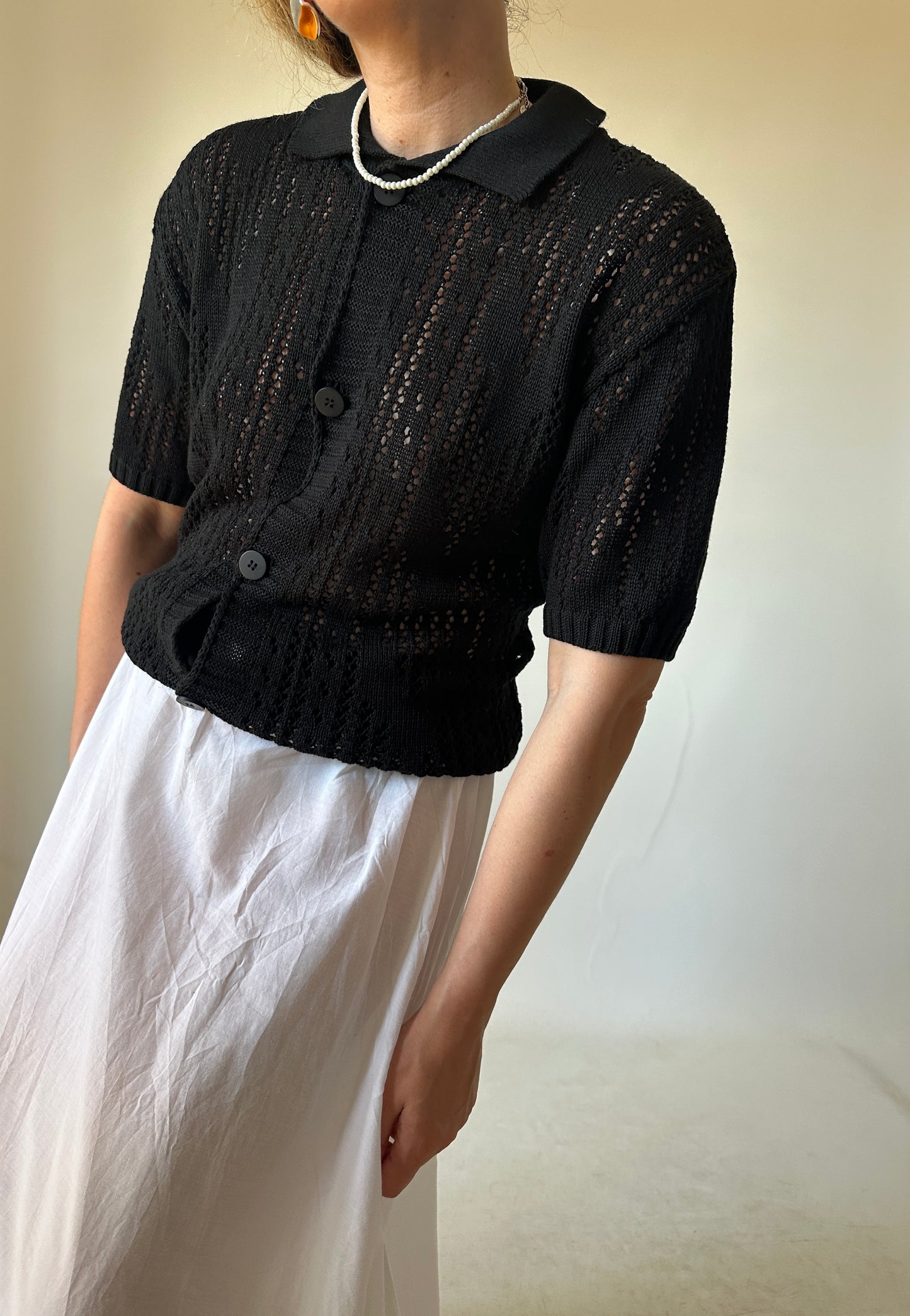 Cardigan traforato in cotone nero