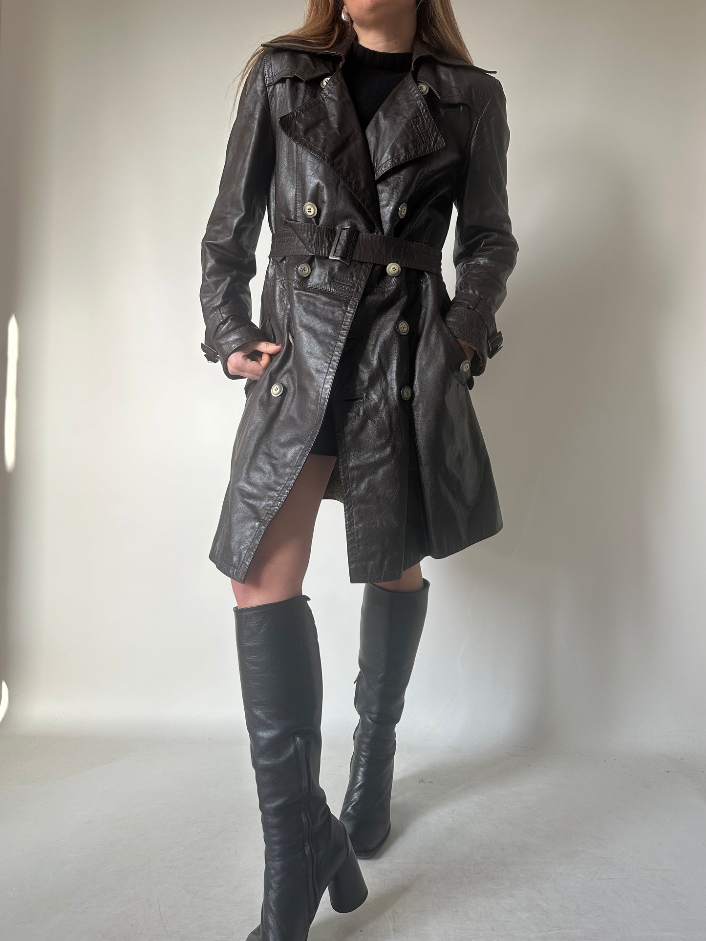 Chocolate leather trench with belt