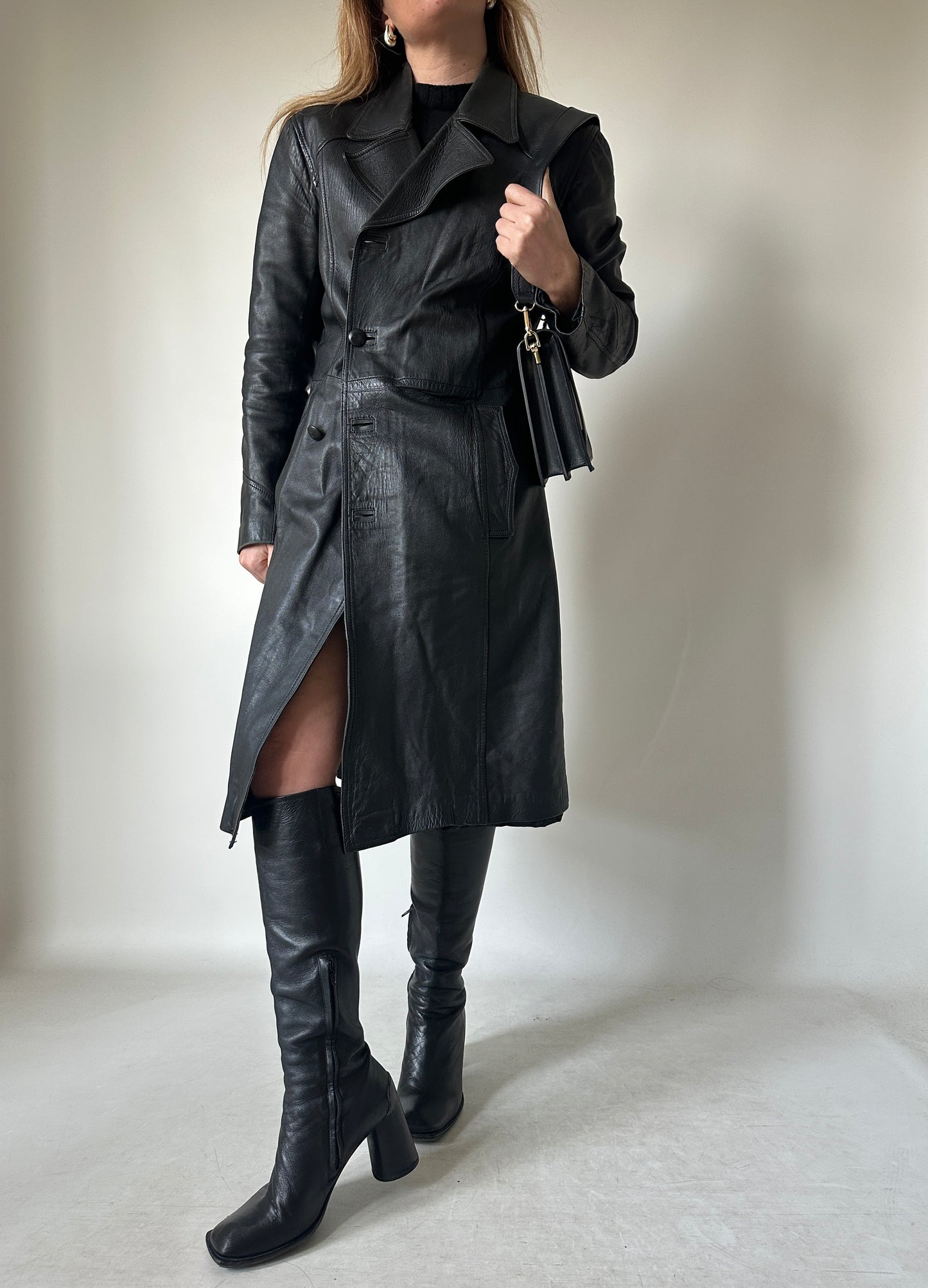 Black long leather trench