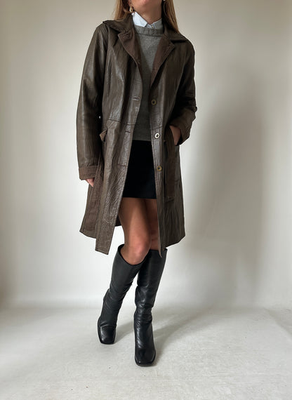 Chocolate leather trench with belt