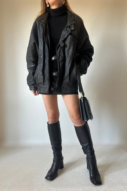 Oversize Paris black leather bomber