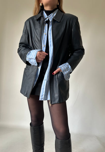 Minimal navy leather jacket