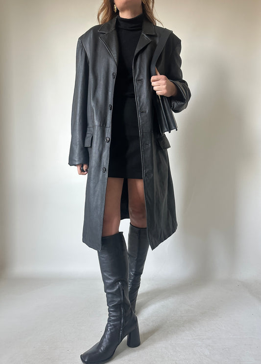 Long leather black coat