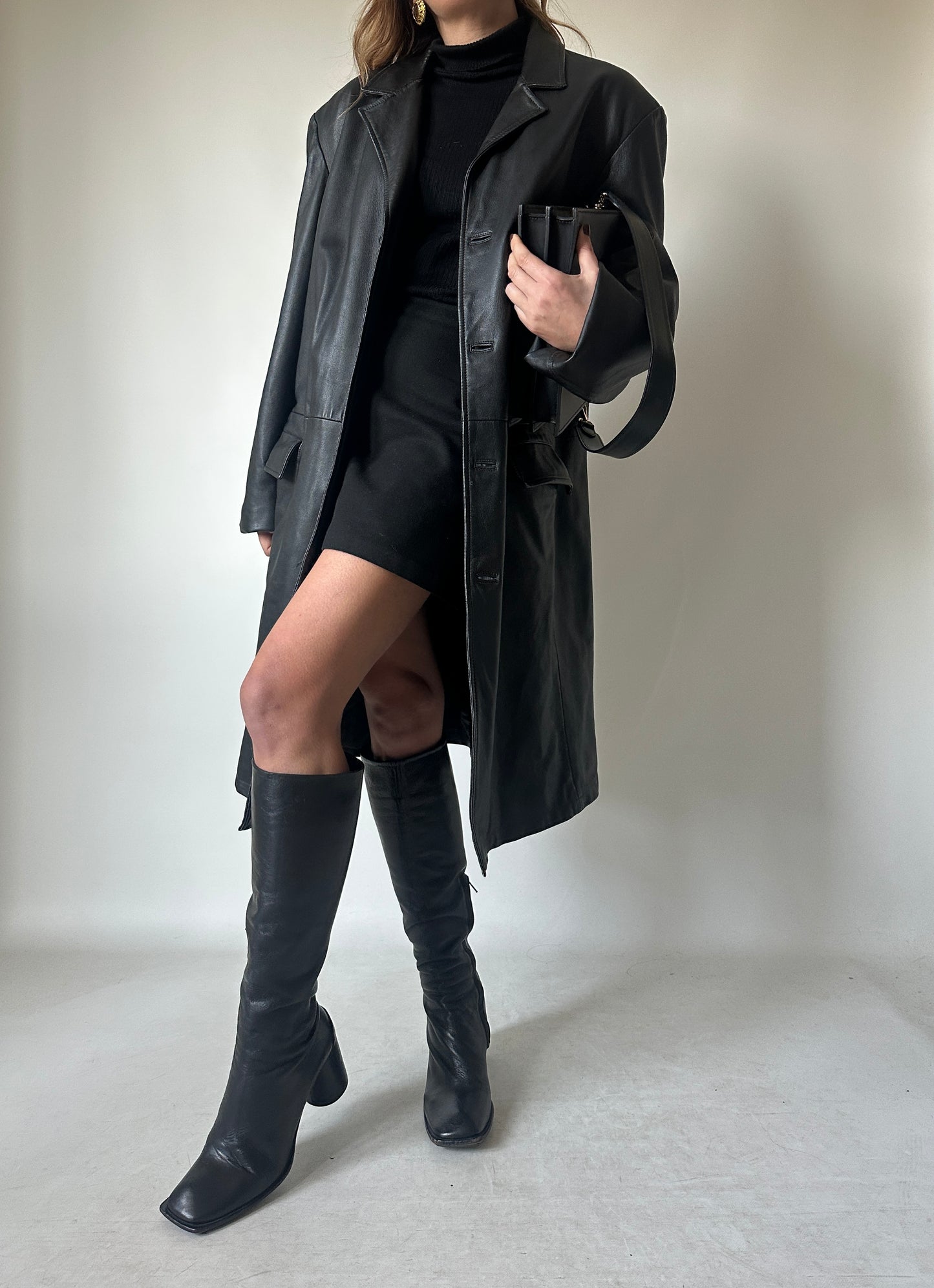 Long leather black coat