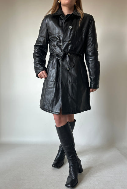 Black leather trench with belt