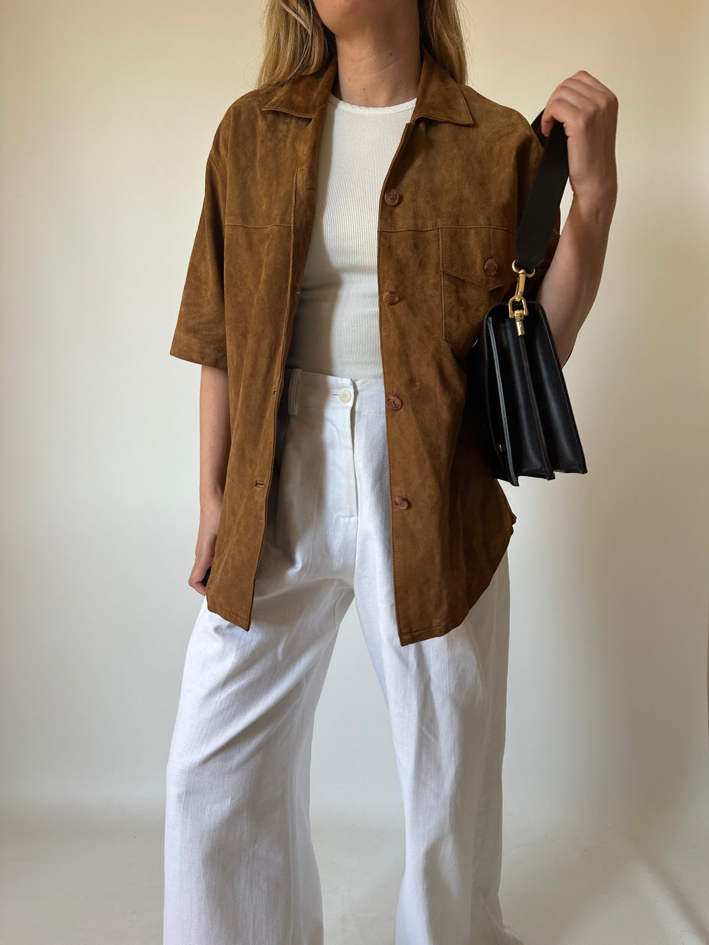 Brown suede half sleeves shirt