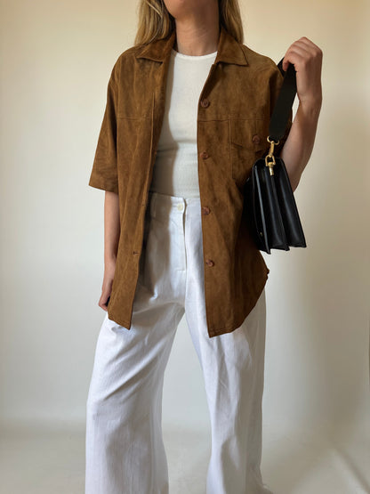 Brown suede half sleeves shirt