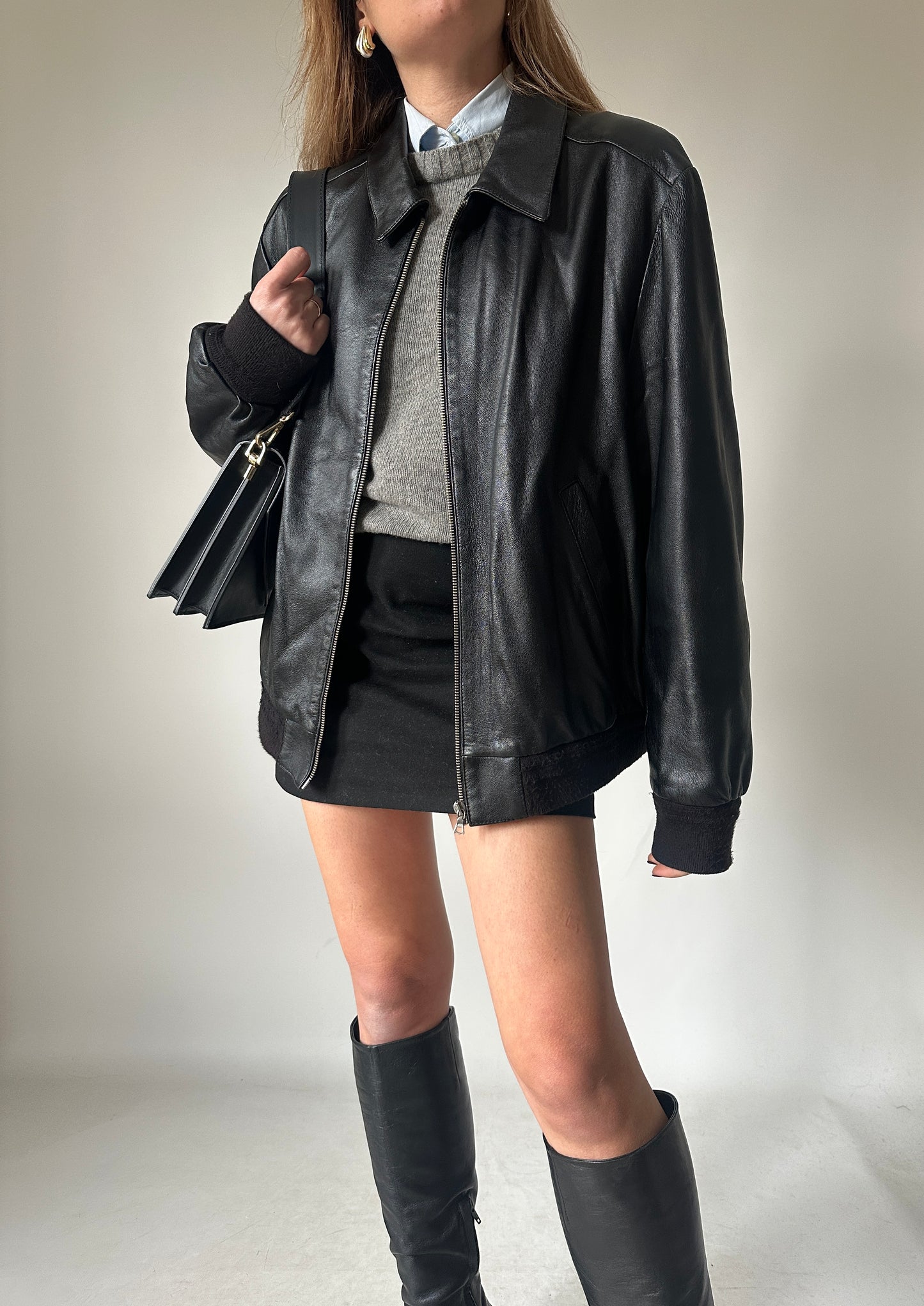 Soft leather black bomber