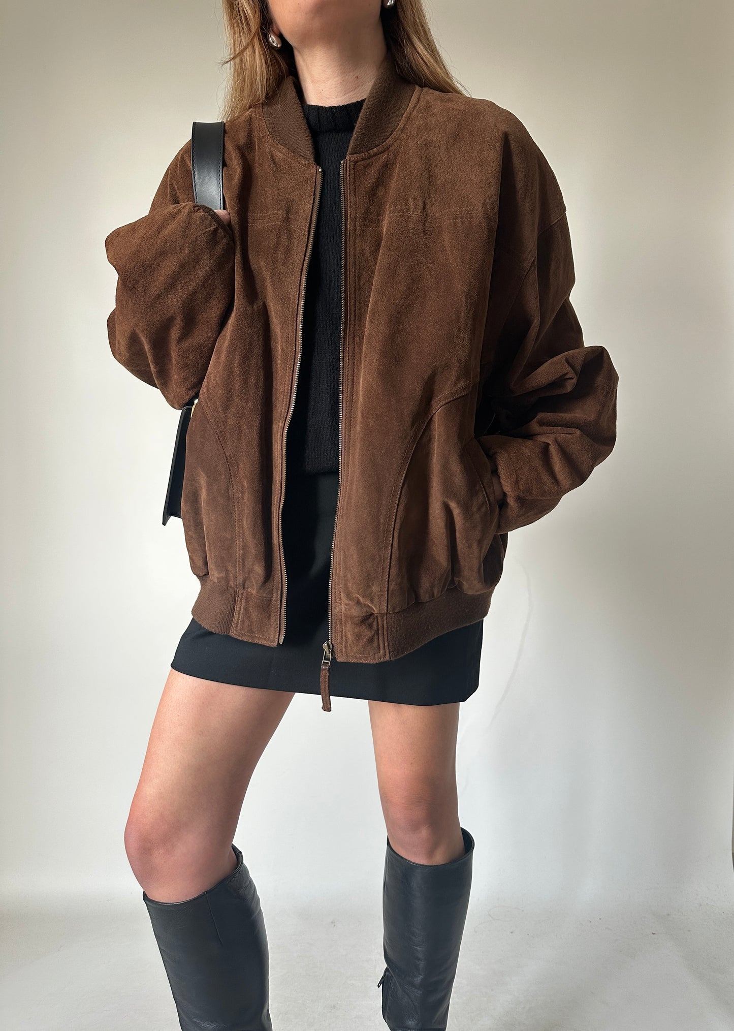 Chocolate oversize suede bomber