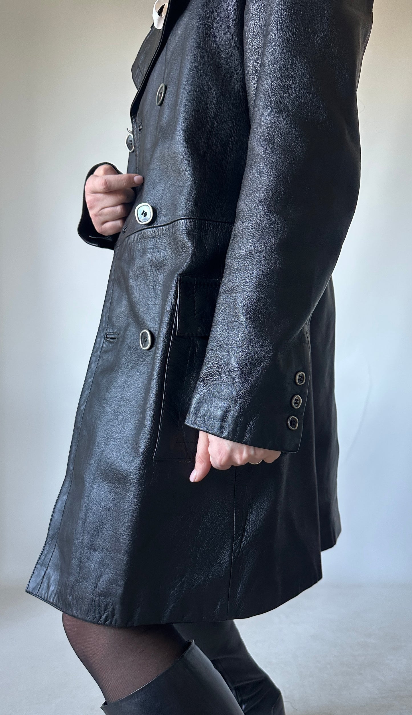 Unique petite black leather trench