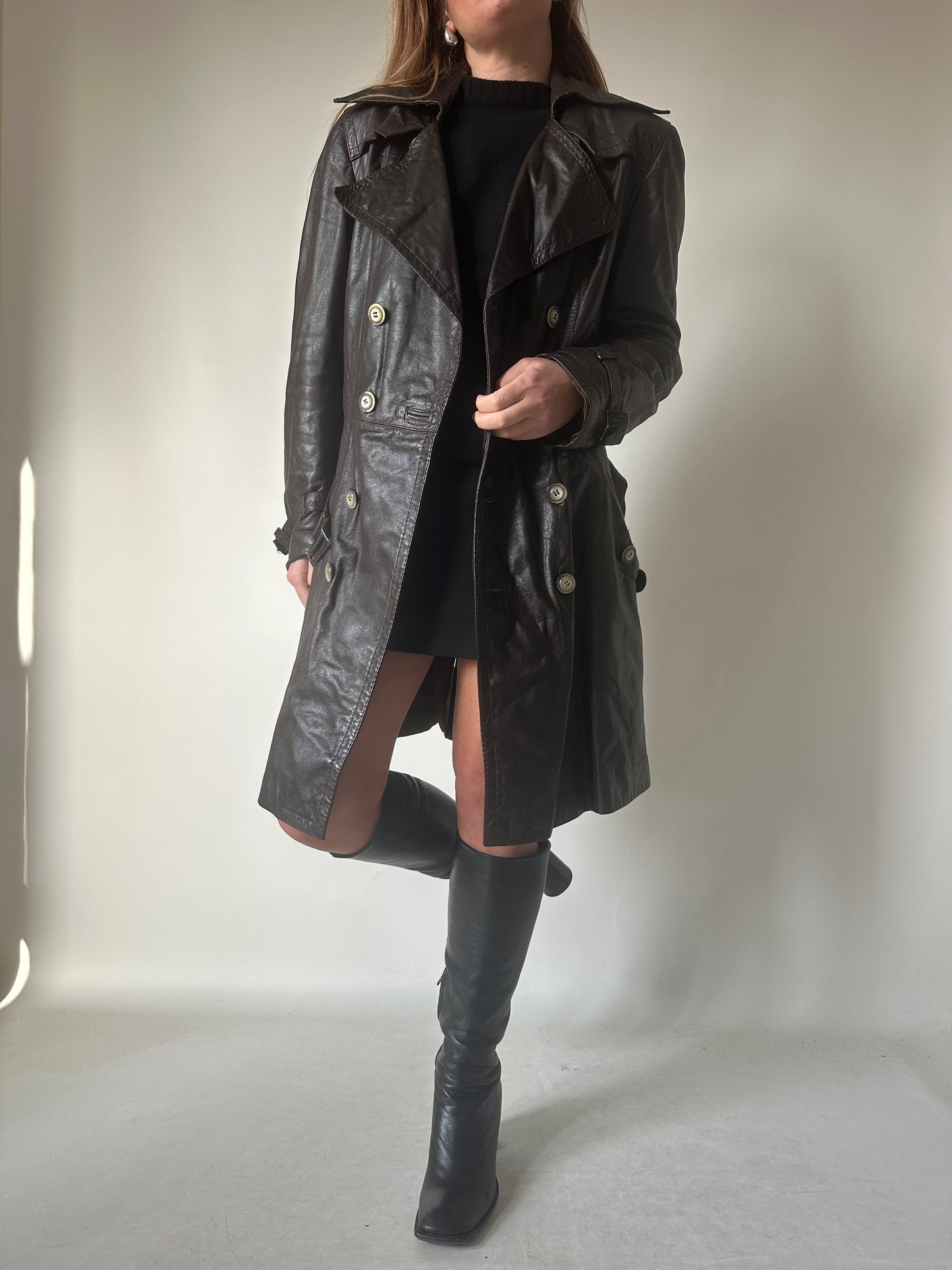 Chocolate leather trench with belt