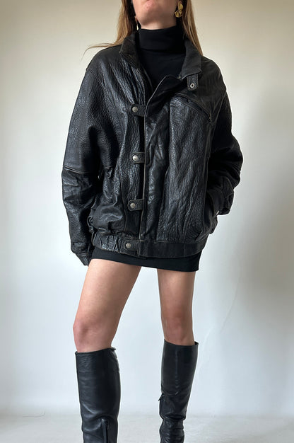 Oversize Paris black leather bomber