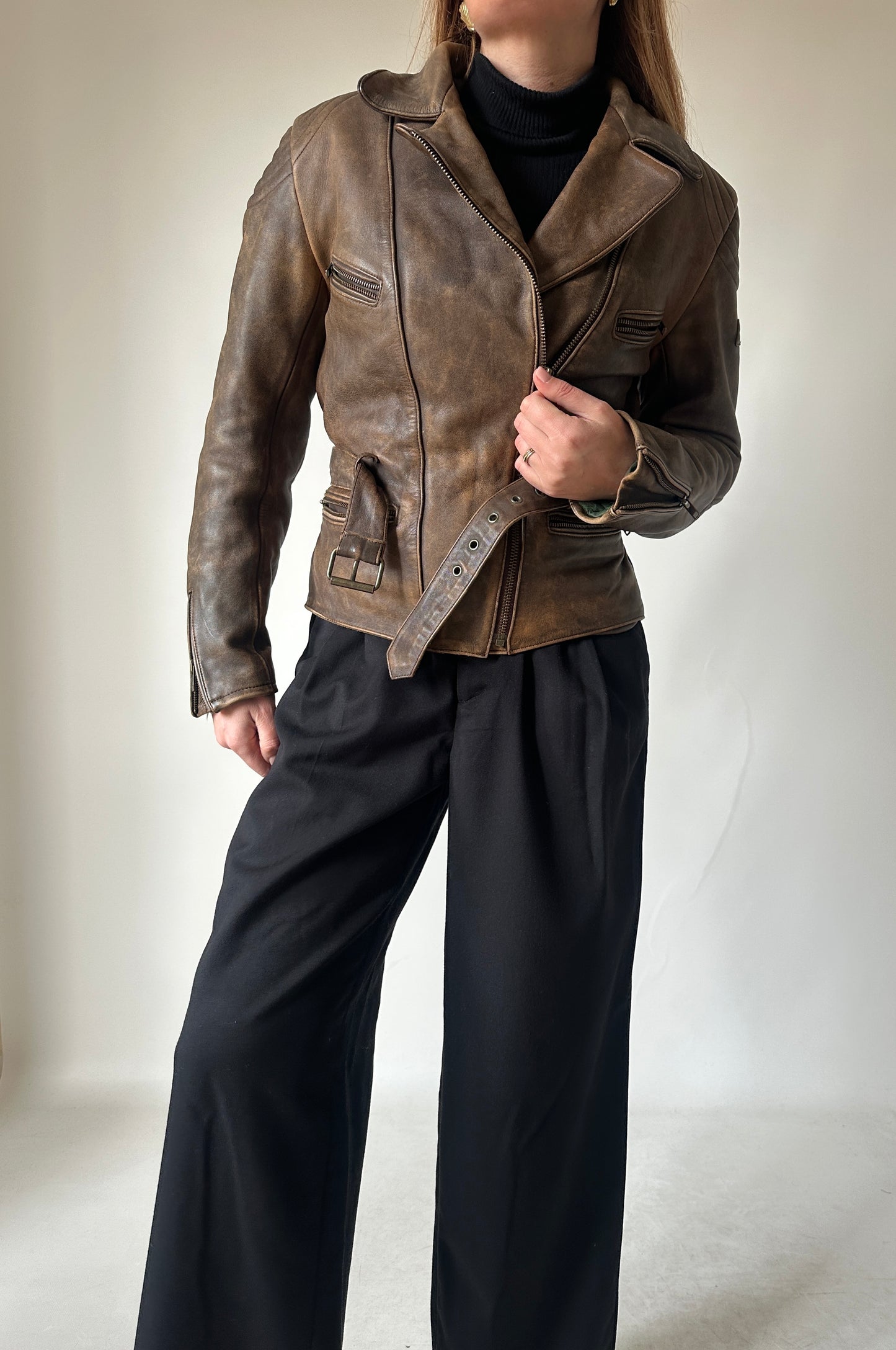 Dreamy brown distressed petite biker