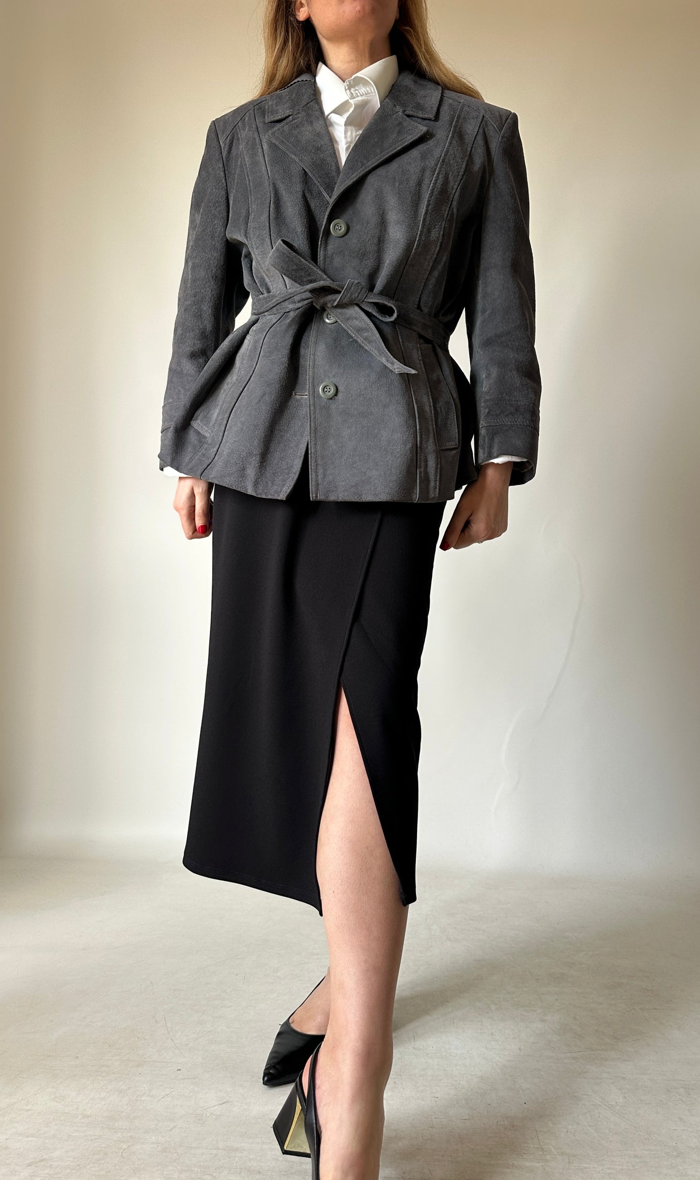 Unique grey suede jacket with belt
