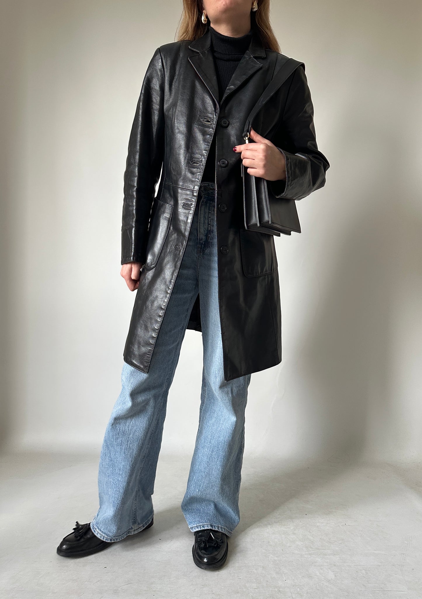 Black leather slim trench