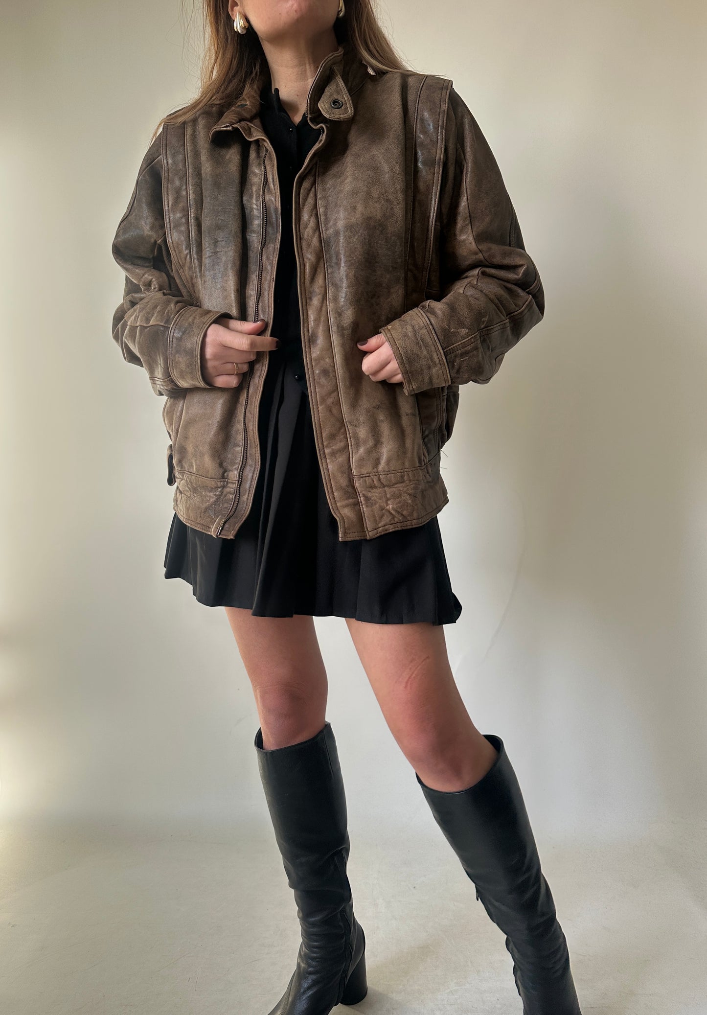 Unique brown distressed bomber