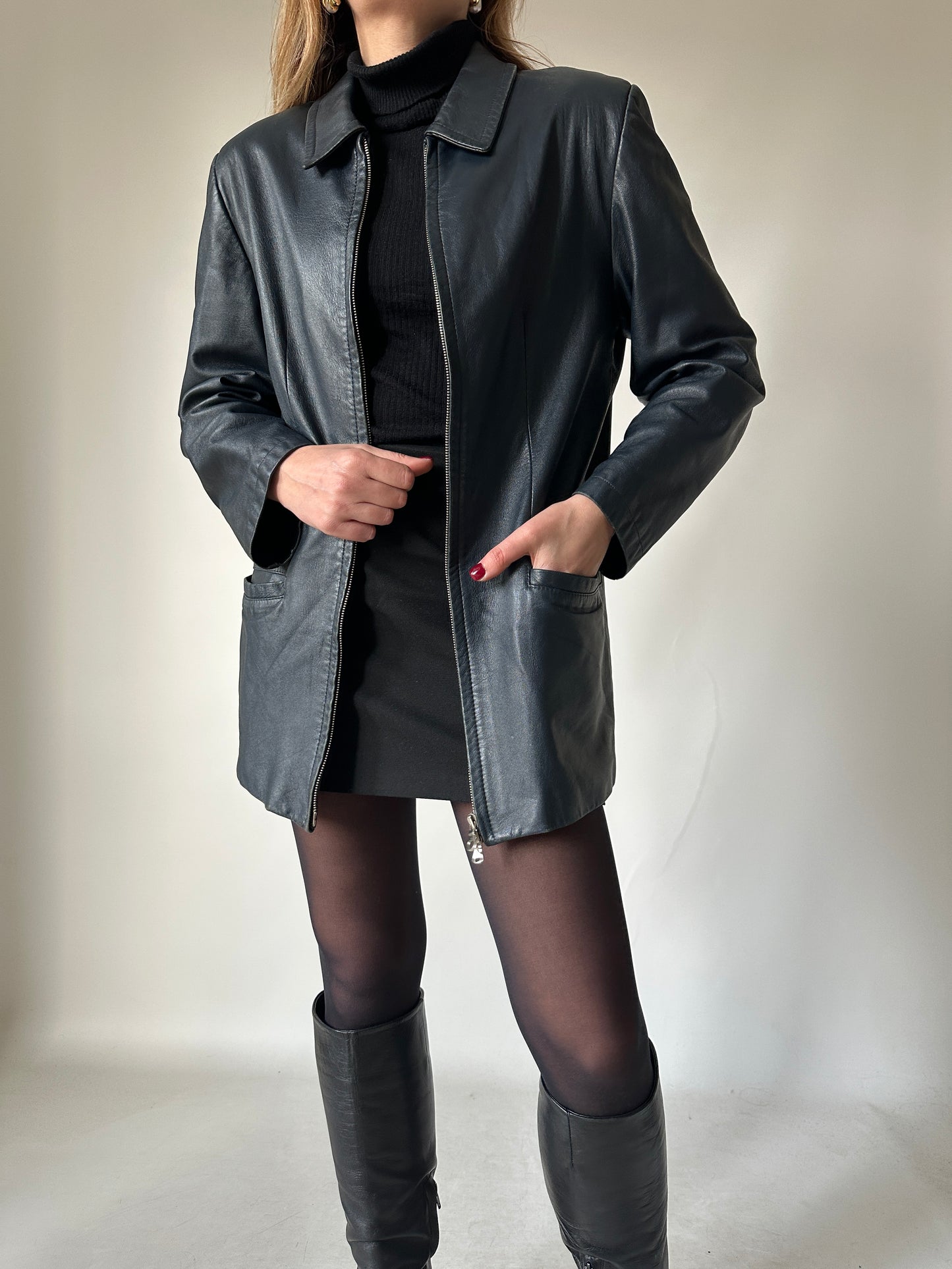 Minimal navy leather jacket