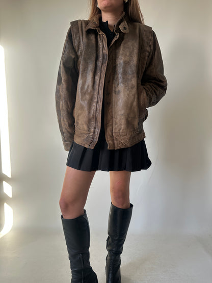 Unique brown distressed bomber