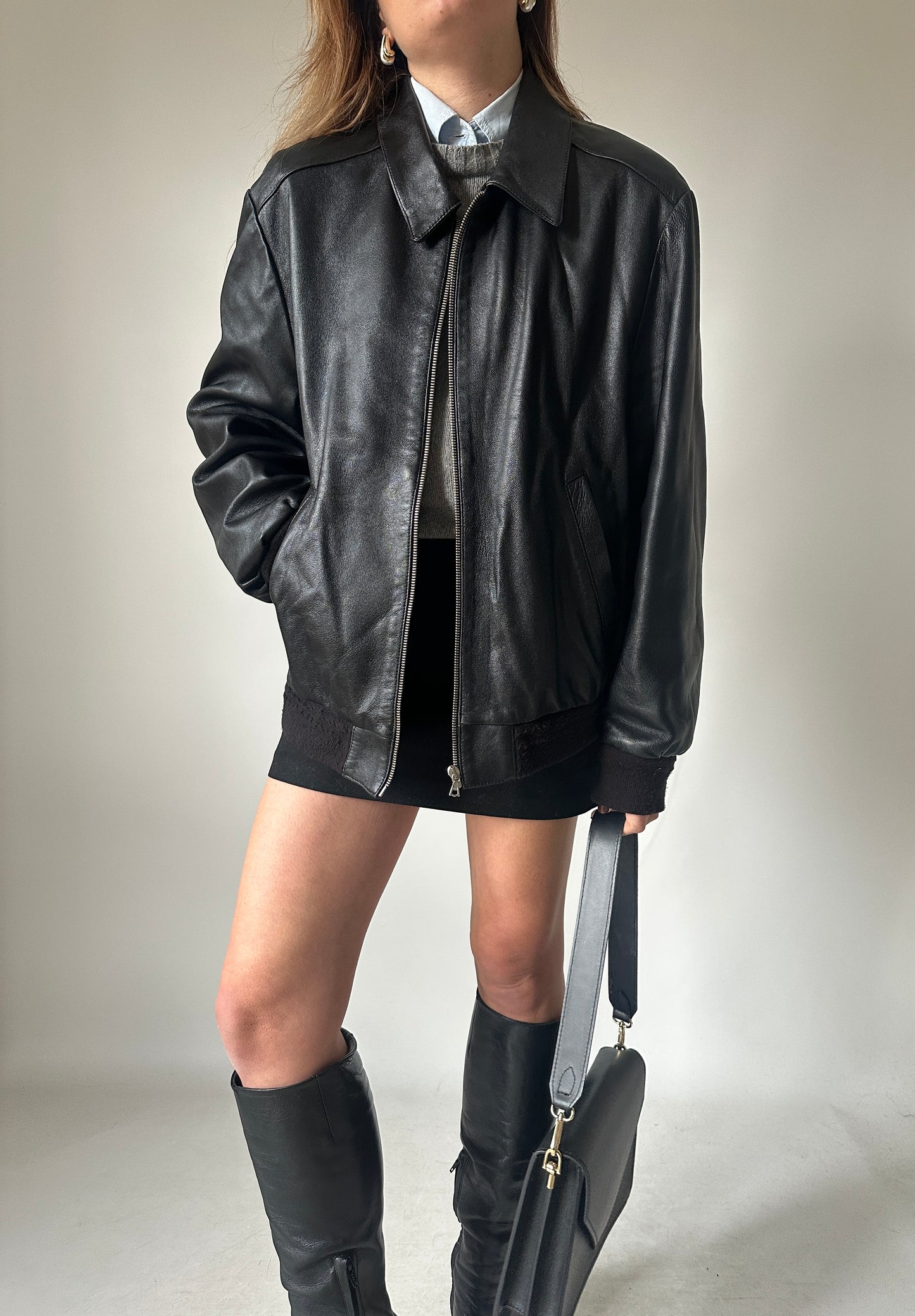 Soft leather black bomber