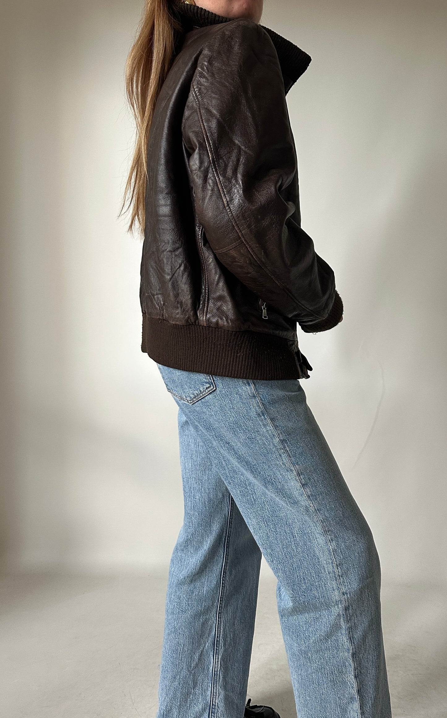 Chocolate leather bomber