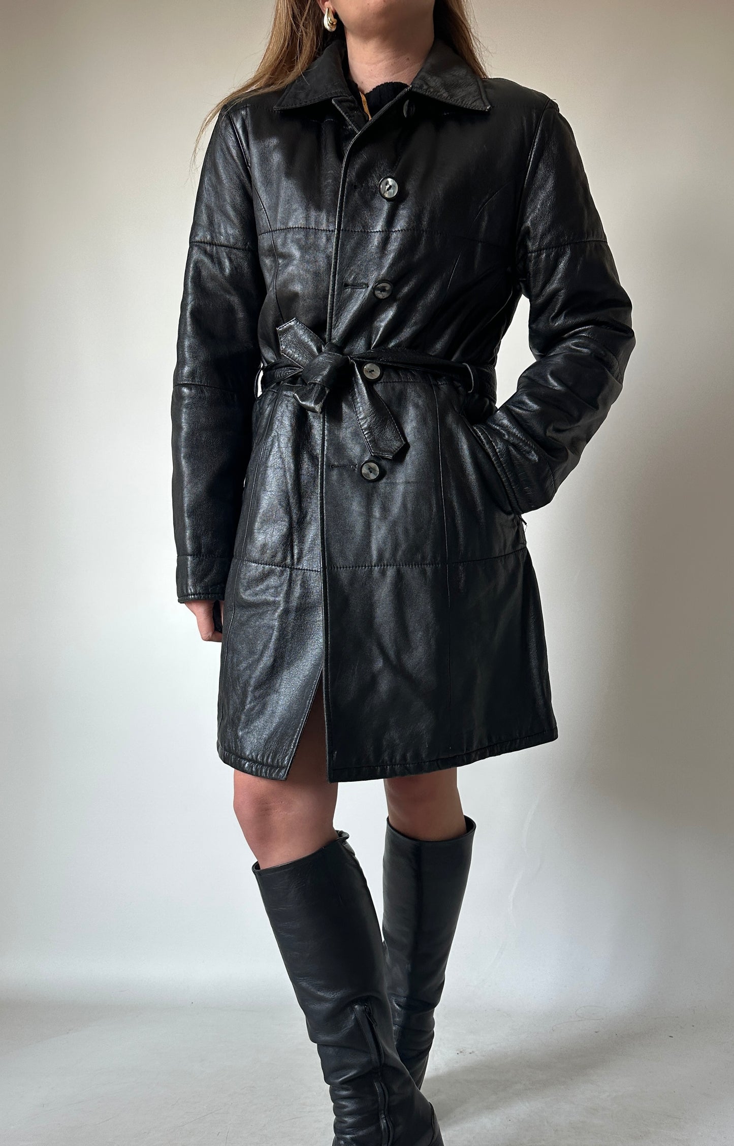 Black leather trench with belt