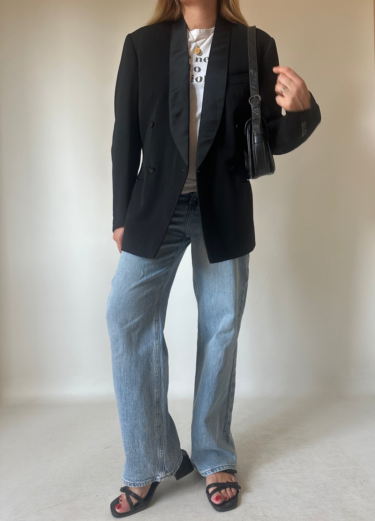 Tailored black double-breast smoking blazer