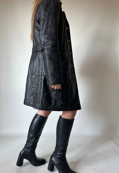 Black leather trench with belt