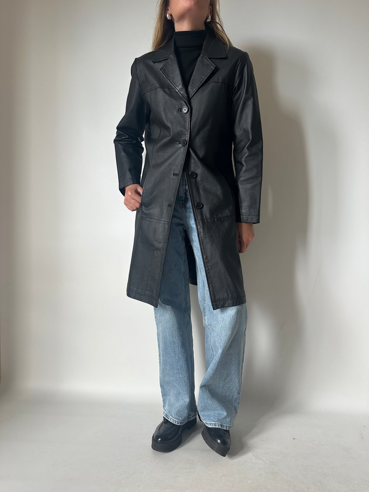 Black long leather trench