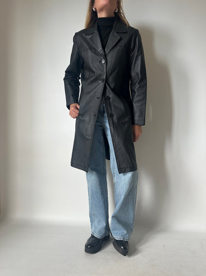 Black long leather trench