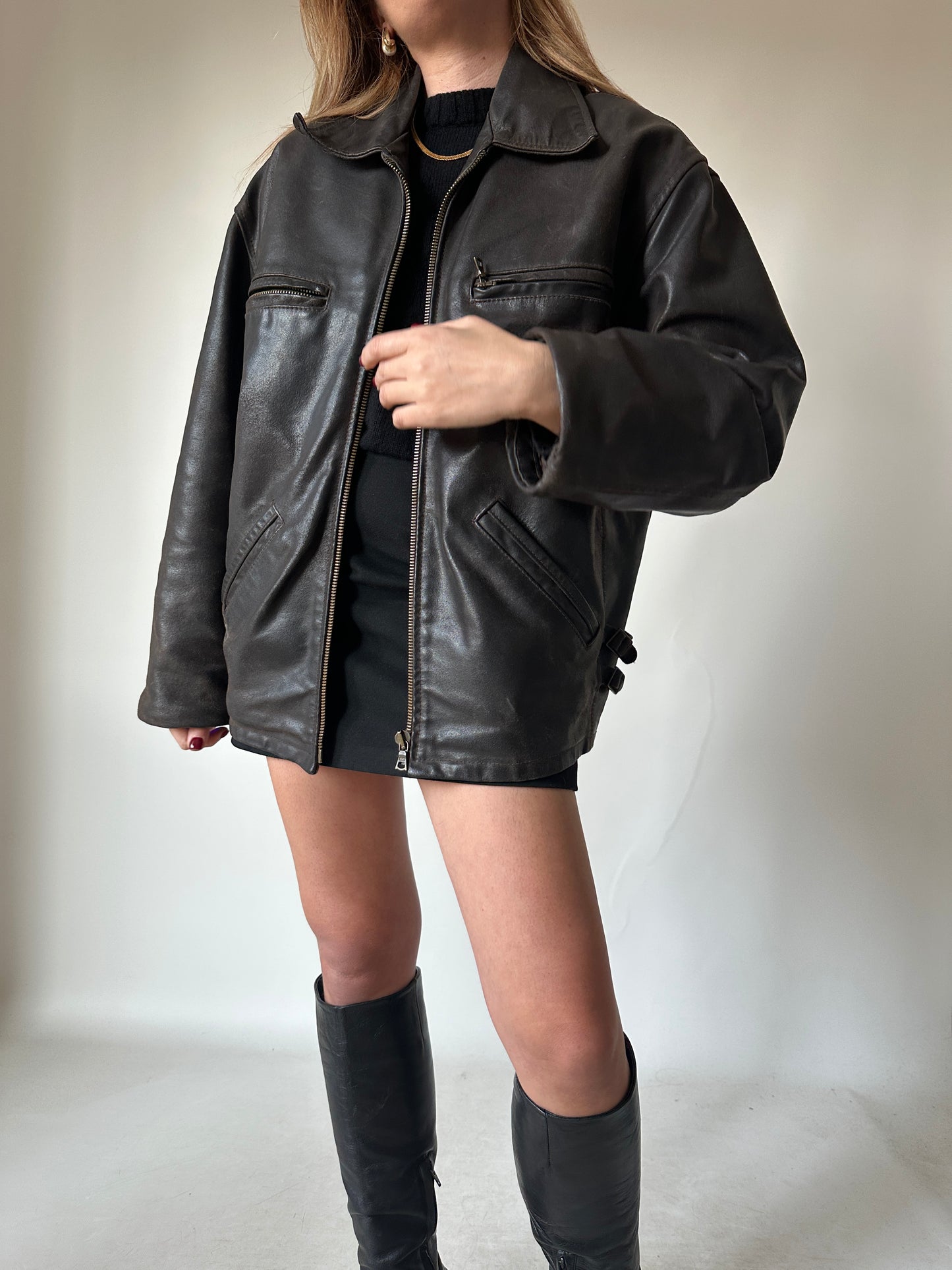 Chocolate distressed leather biker