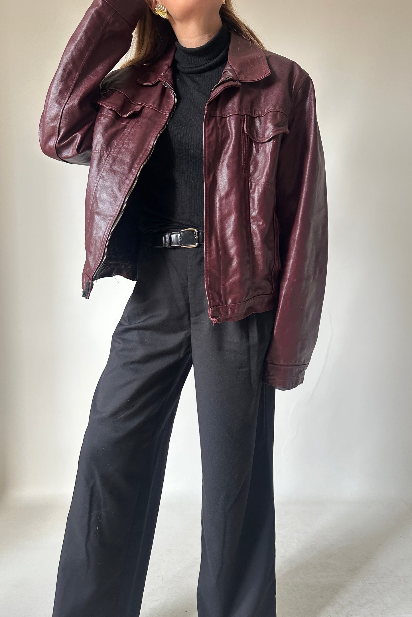 Burgundy minimal leather jacket