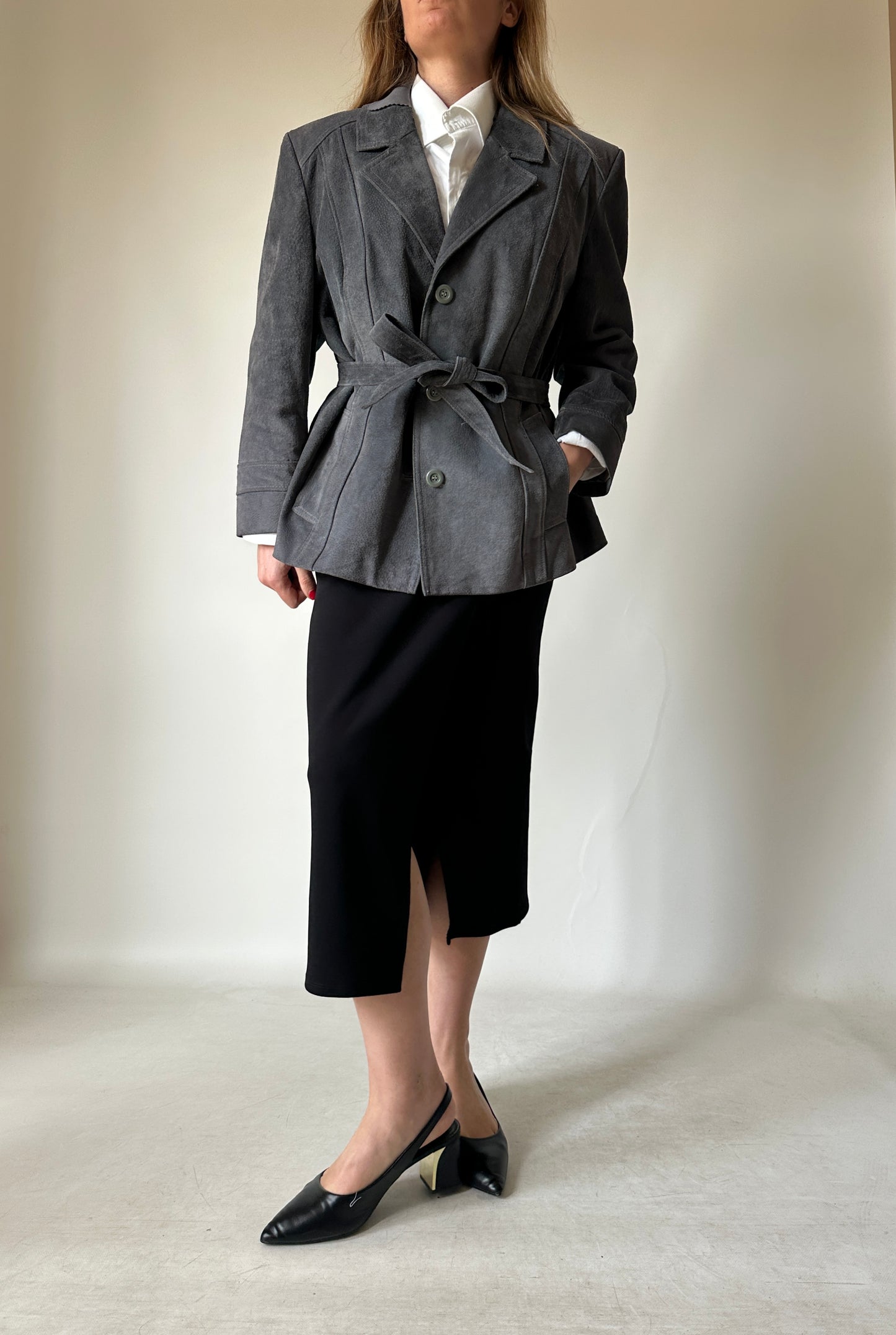 Unique grey suede jacket with belt