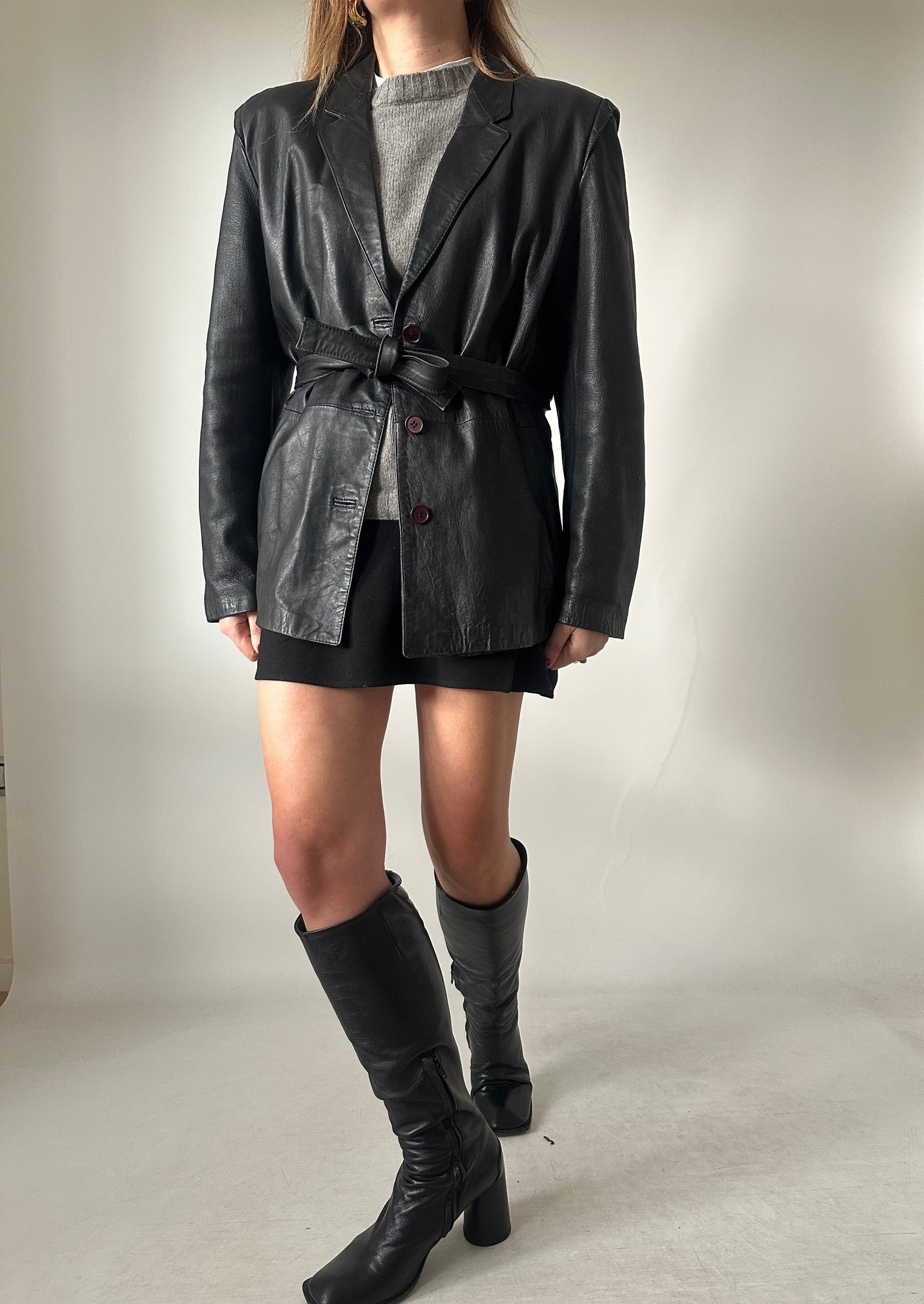 Petite leather jacket with belt