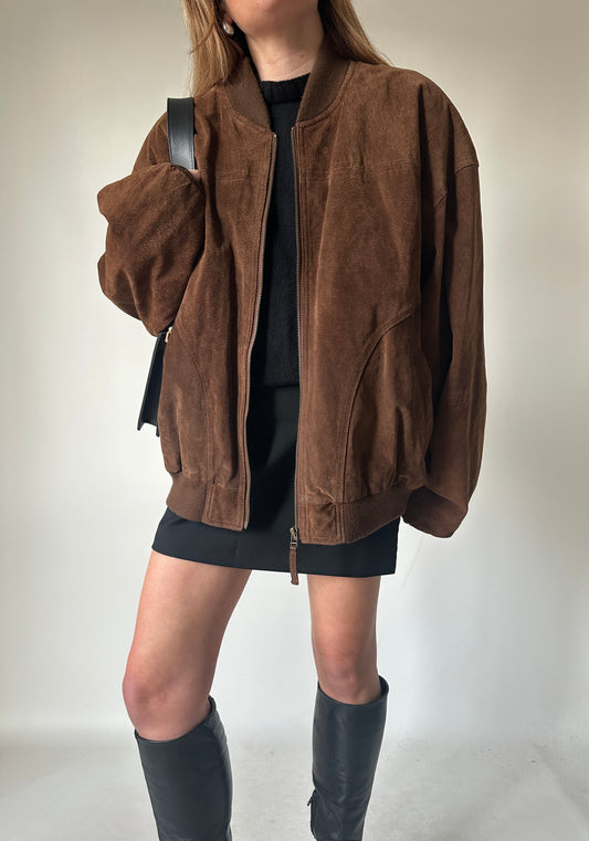 Chocolate oversize suede bomber