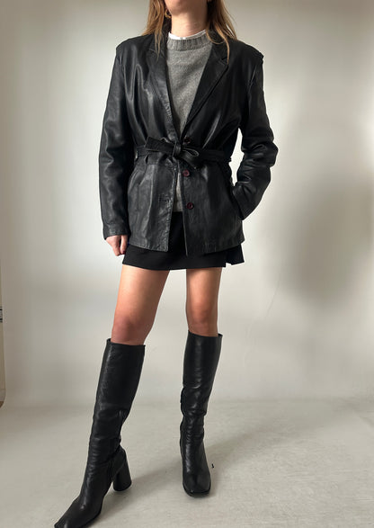 Petite leather jacket with belt