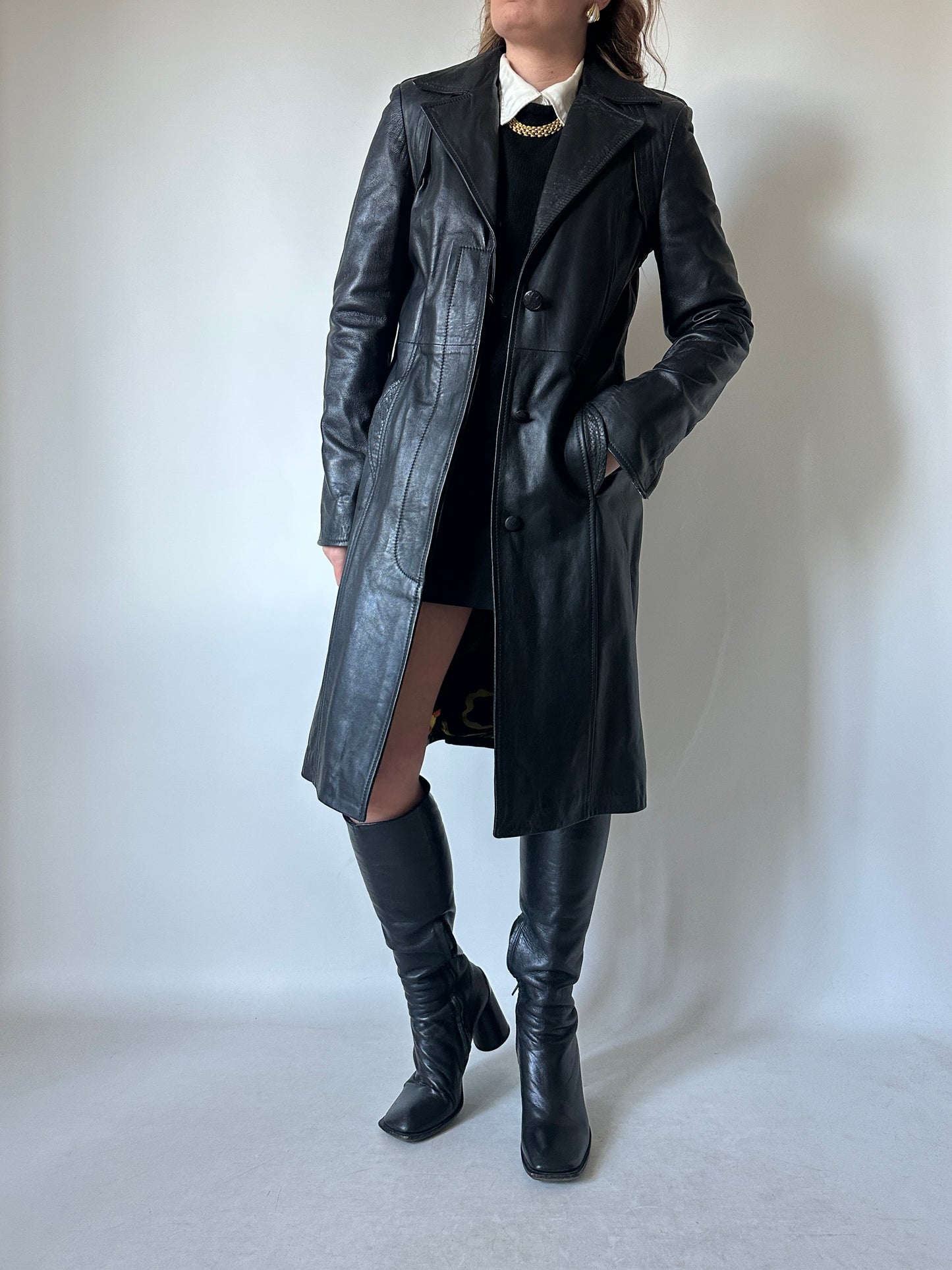 Black slim leather trench - new deadstock
