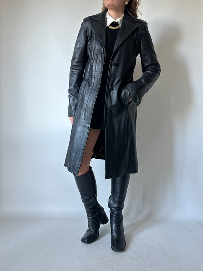 Black slim leather trench - new deadstock