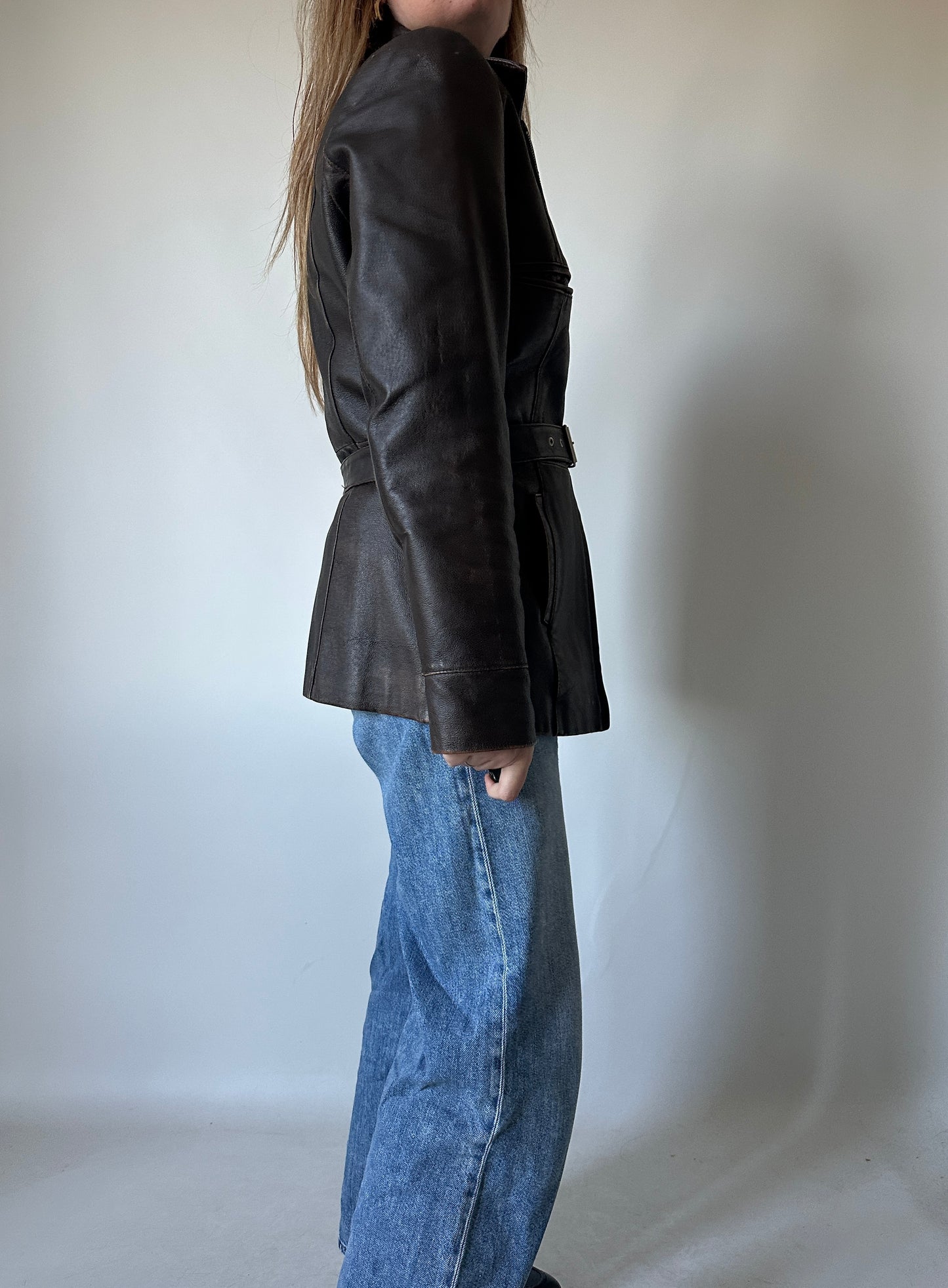 Chocolate distressed leather jacket with belt