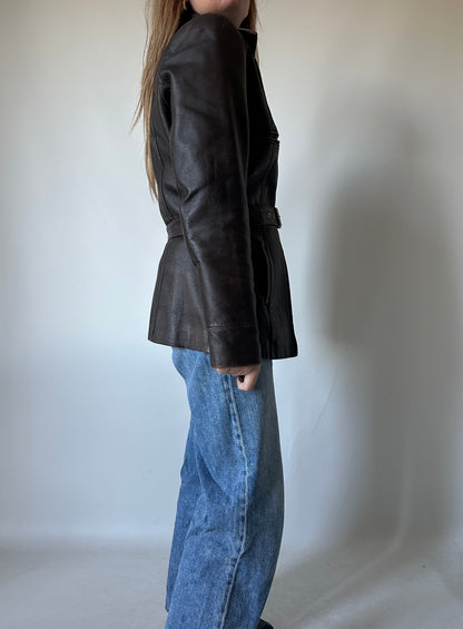 Chocolate distressed leather jacket with belt