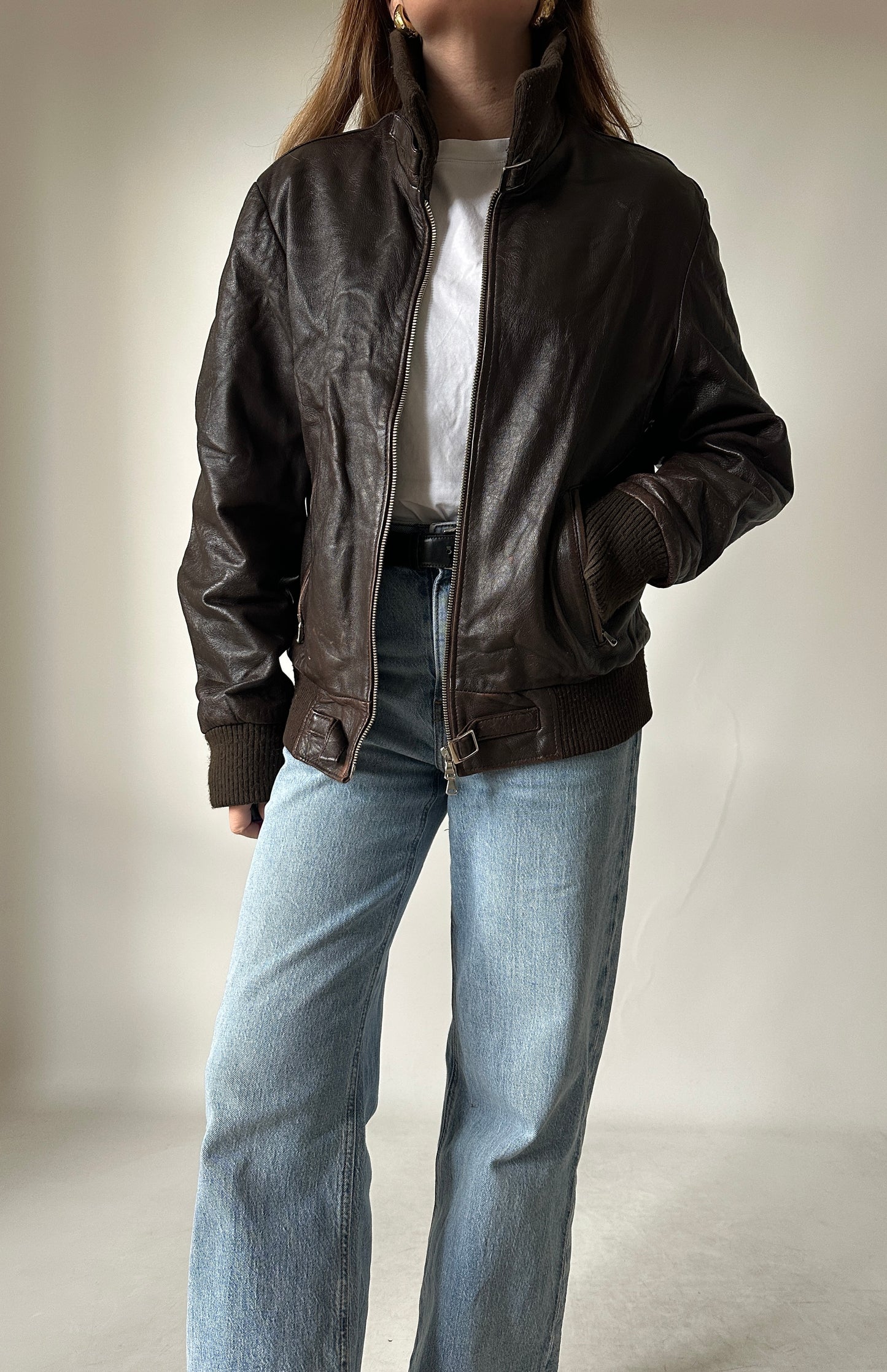 Chocolate leather bomber
