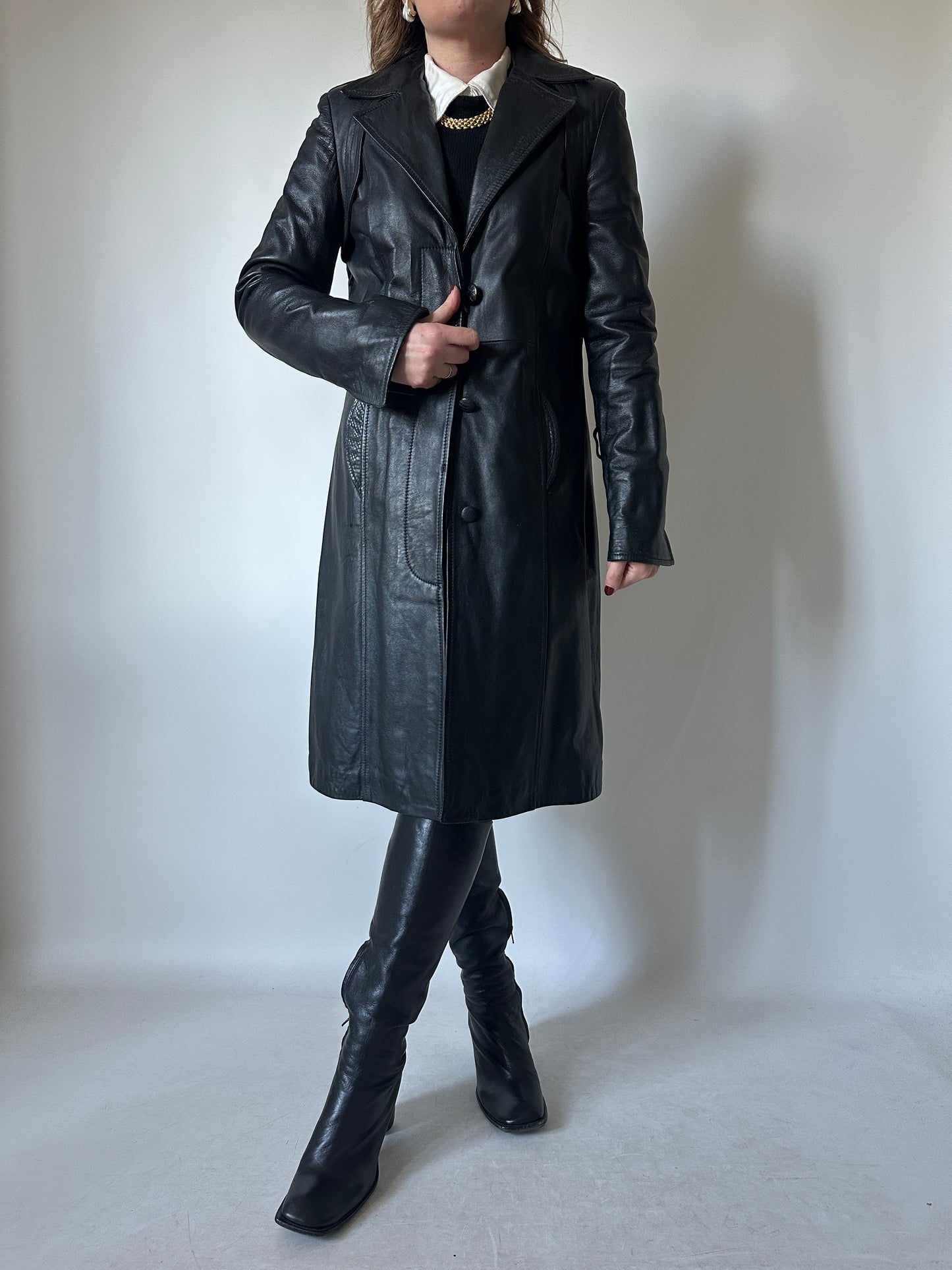 Black slim leather trench - new deadstock