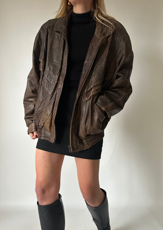 Used effect brown leather bomber