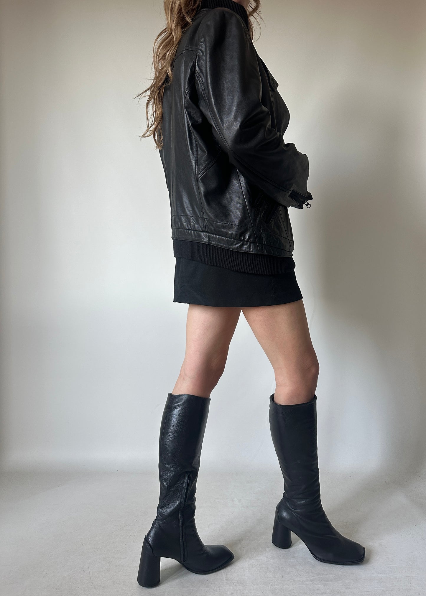 Leather black petite bomber