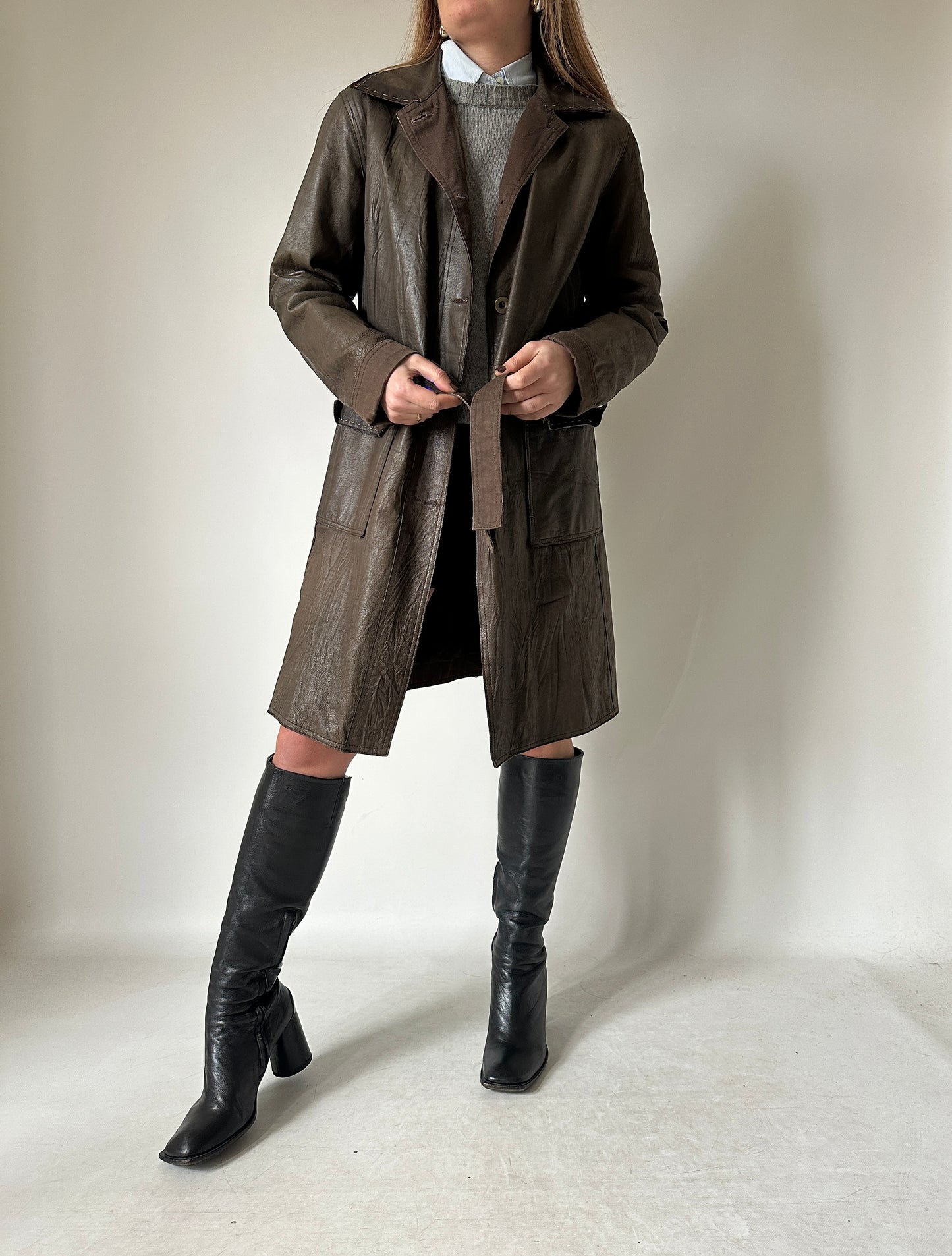 Chocolate leather trench with belt